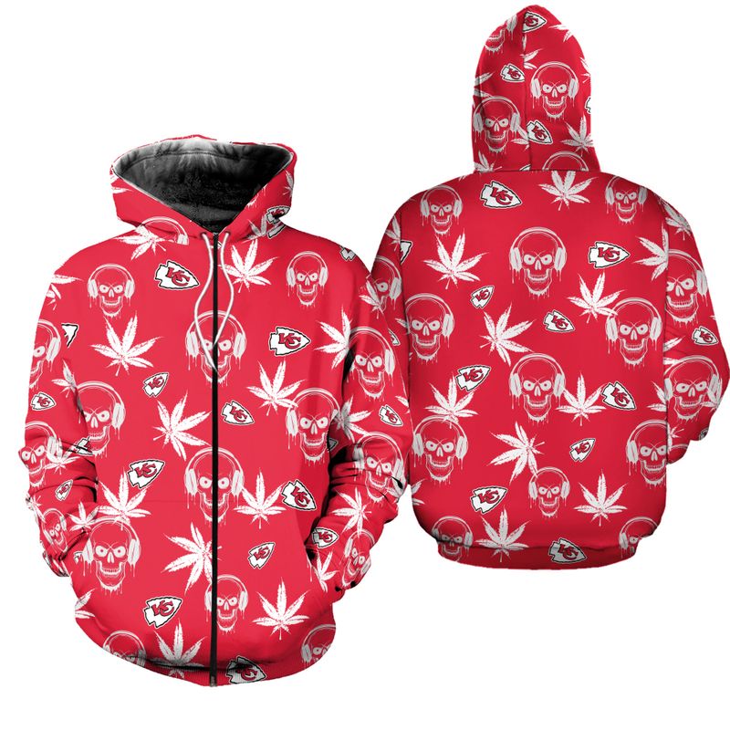kansas city chiefs limited edition skull and weed leaves hoodie zip hoodie size new057110