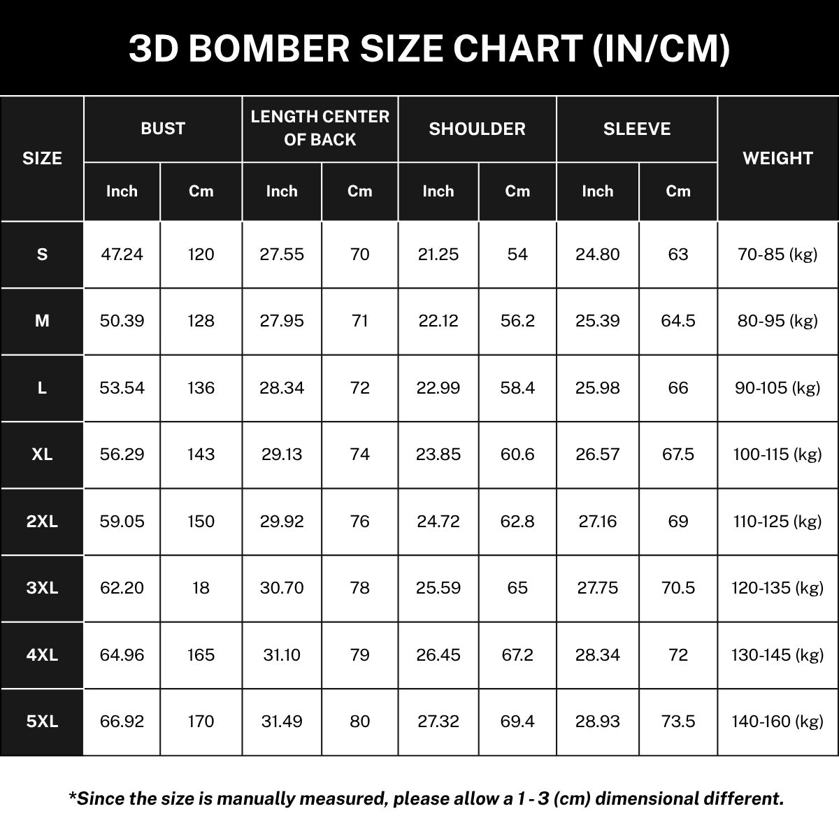 3D Bomber Jacket Size Chart