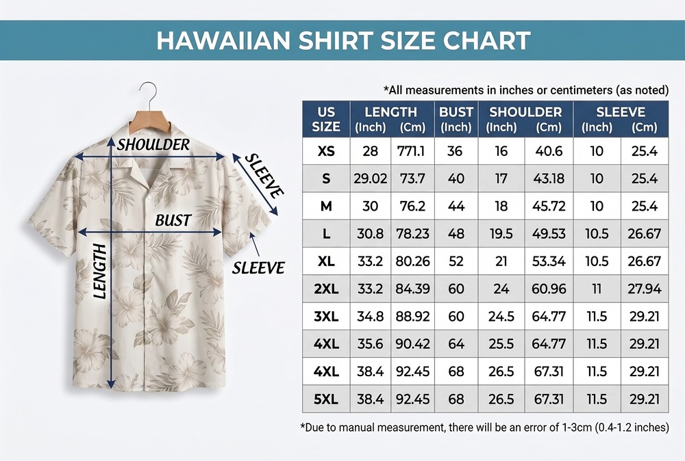 3D Hawaiian Size Chart