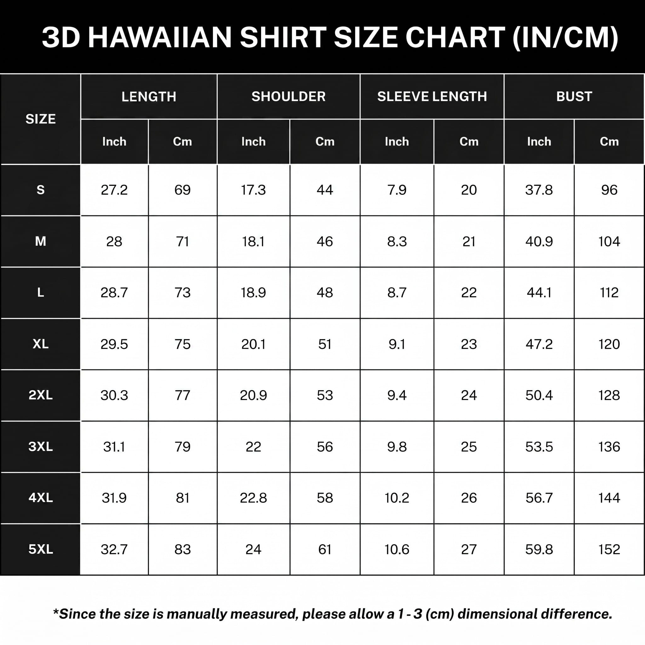 3D Hawaiian Shirt size chart