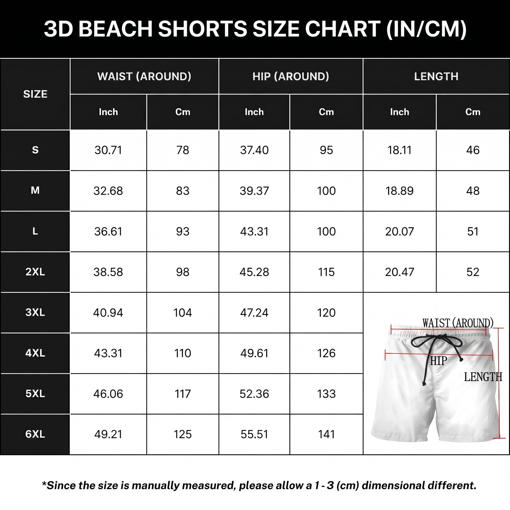 3D Shorts Size Chart
