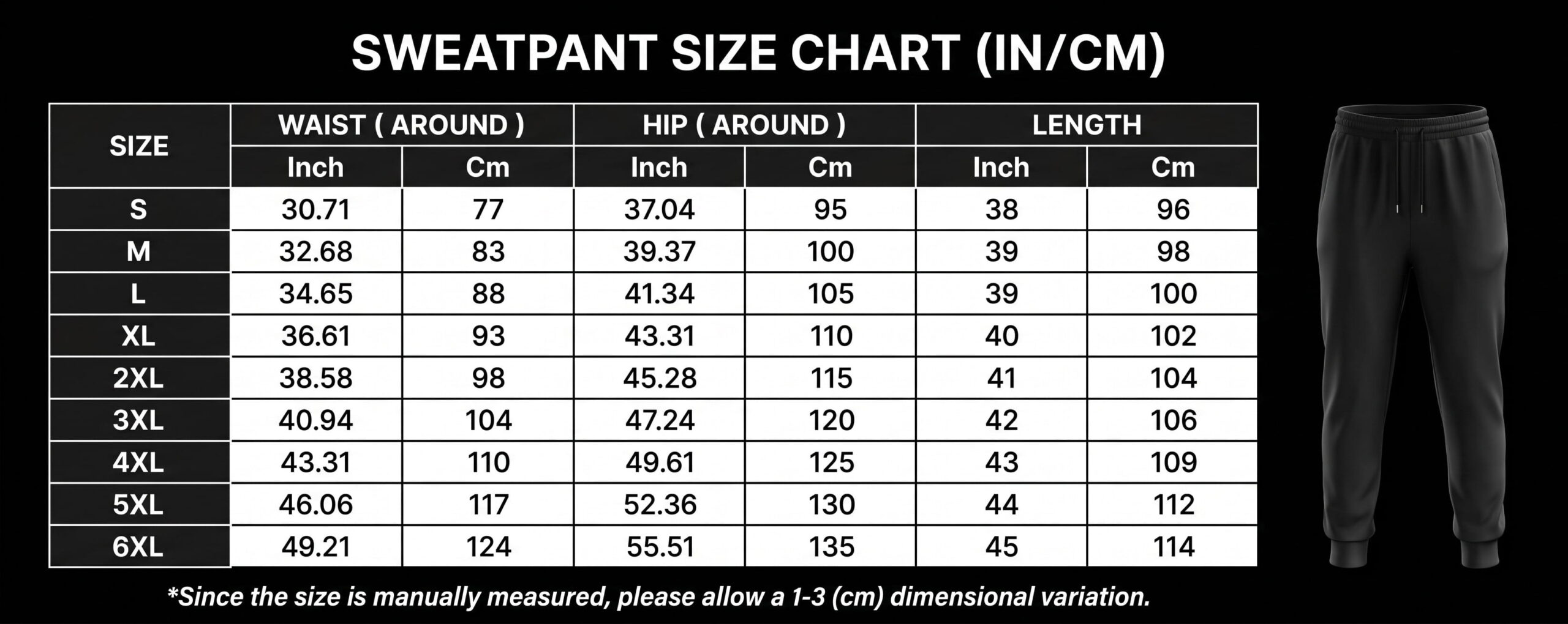 3D Sweatpants Size Chart