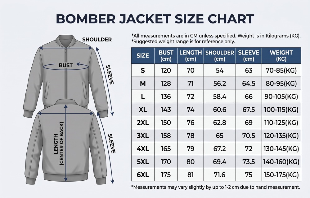 Bomber Jacket Size Chart