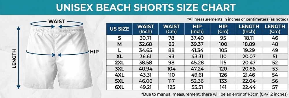 Unisex Beach Shorts size chart