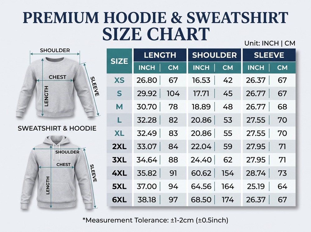 3D Hoodie and Sweatshirt size chart
