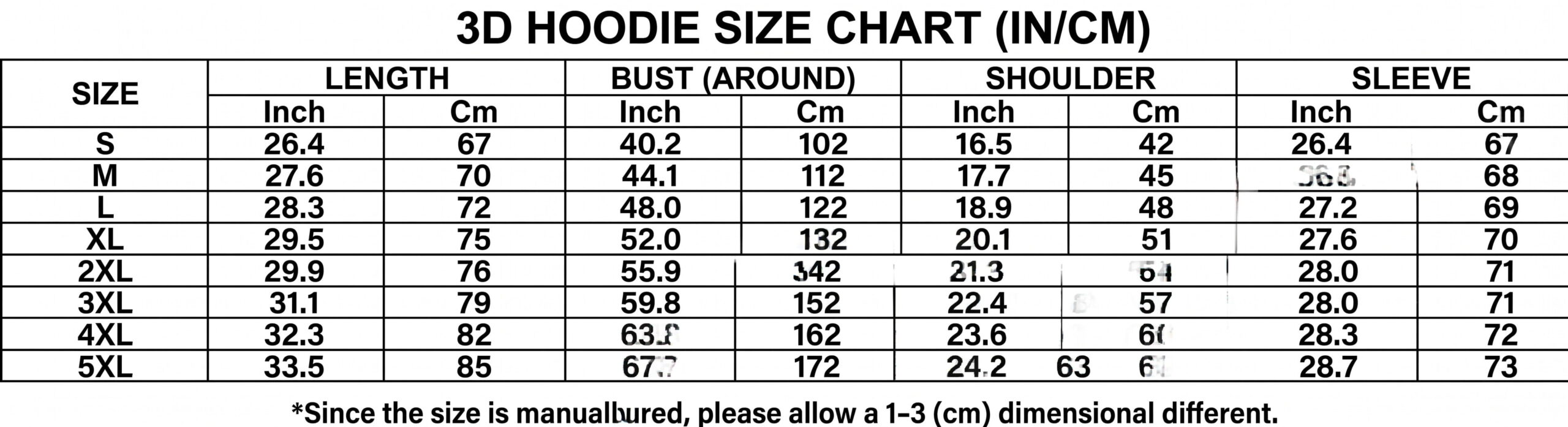 3D Hoodie Size Chart