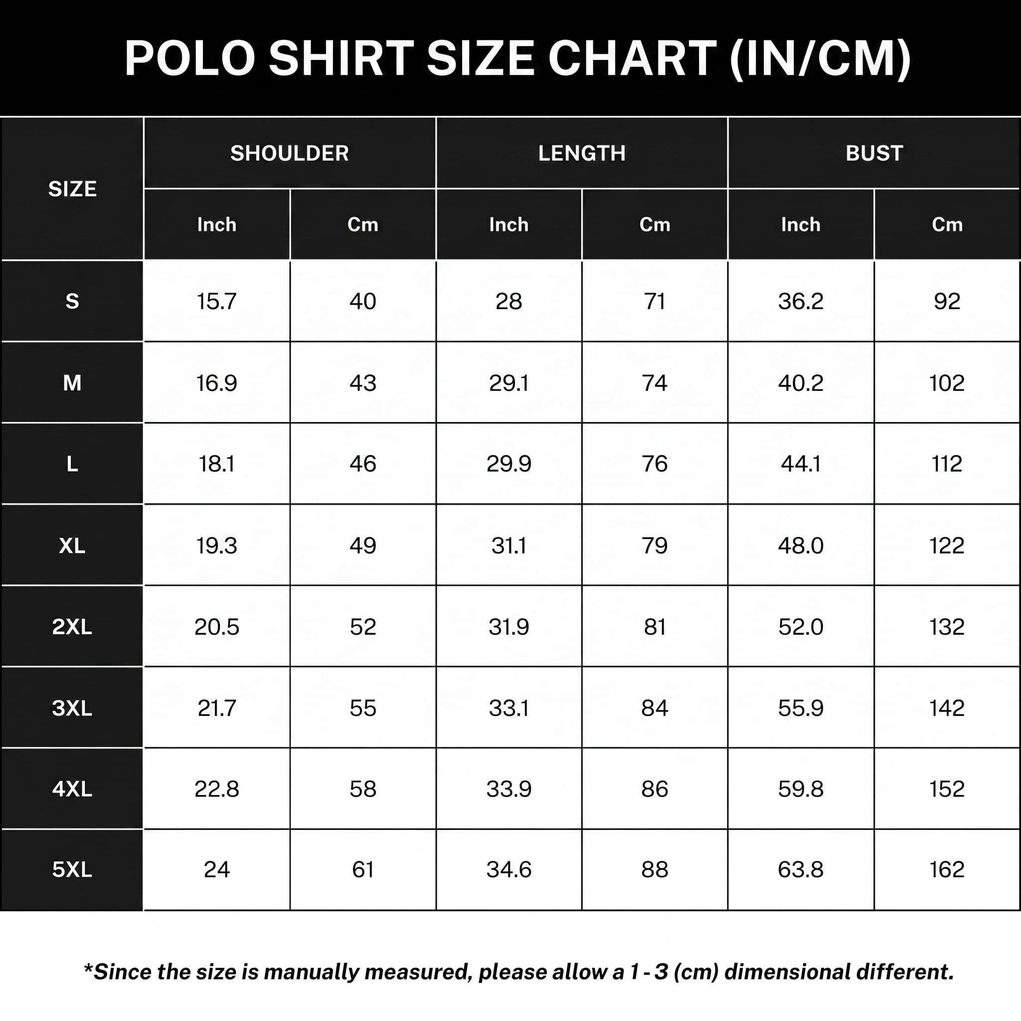3D Polo Shirt Size Chart