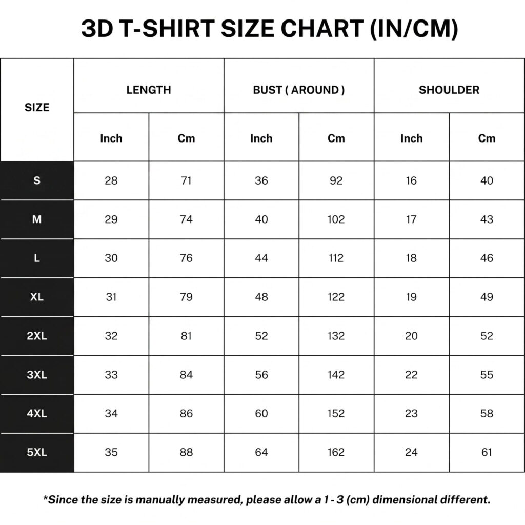 3D Shirt Size Chart