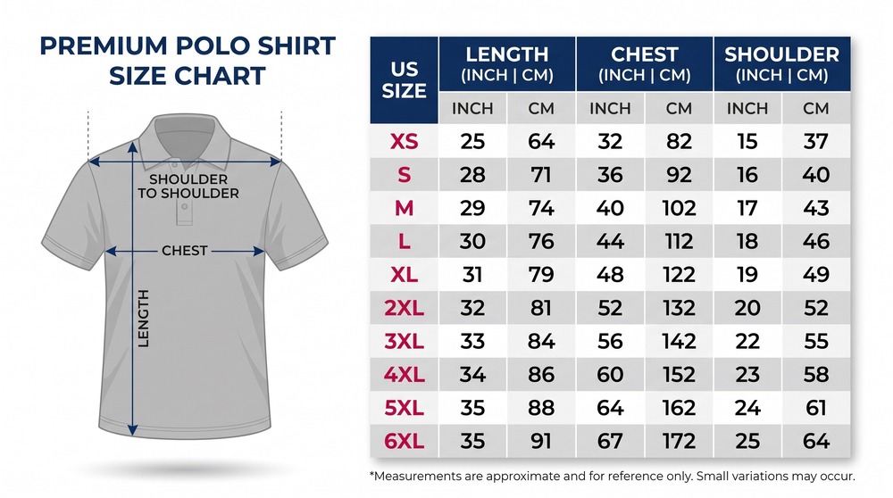3D Polo Shirt size chart