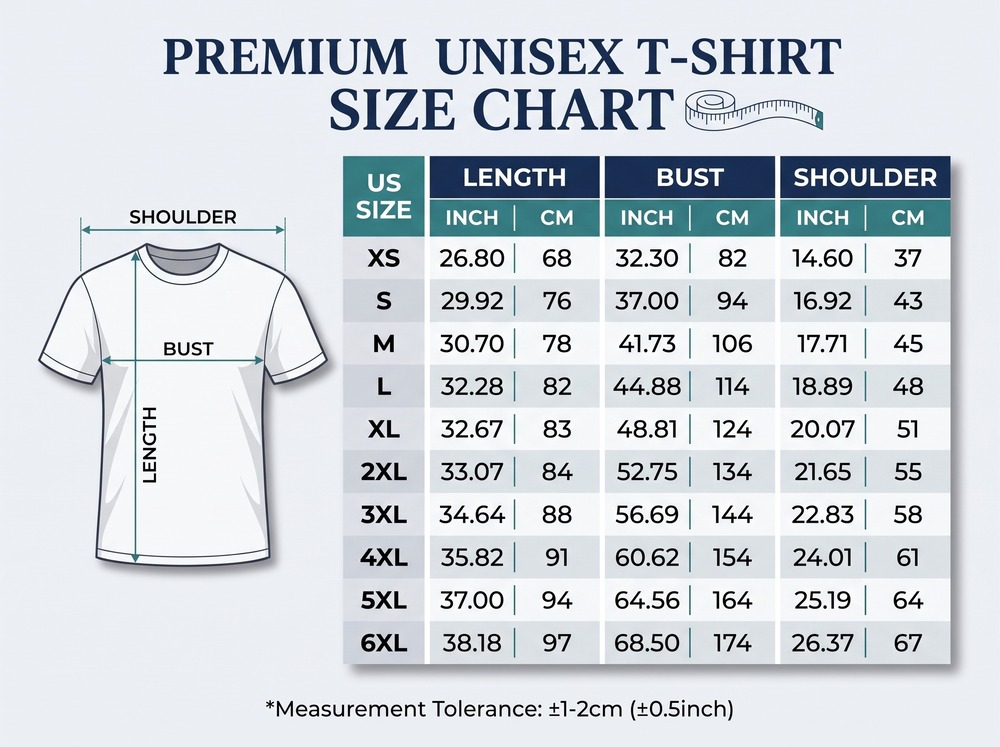 3D Unisex T Shirt size chart