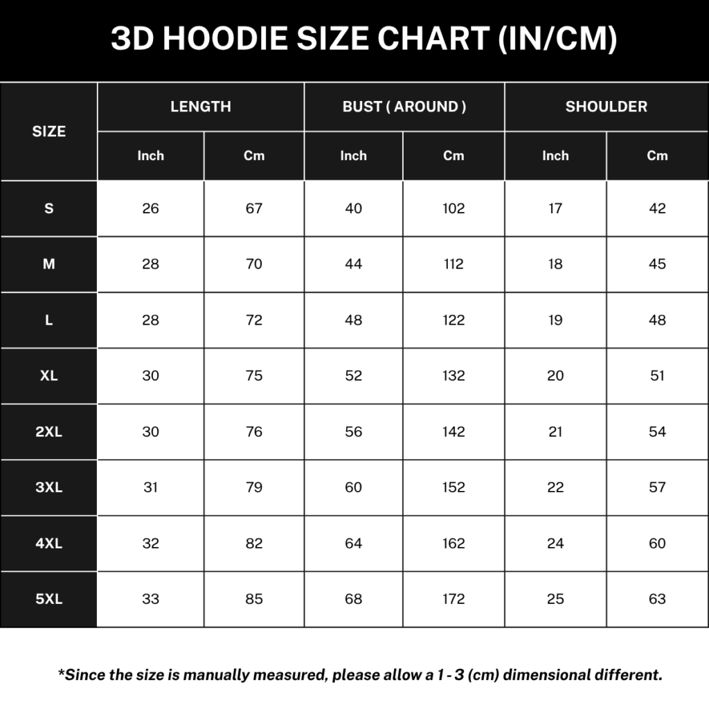 3D Hoodie Size Chart