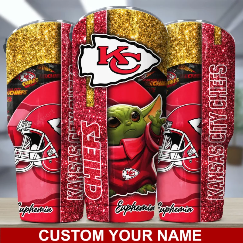 Kansas City Chiefs Baby Yoda Glitter Personalized Tumbler