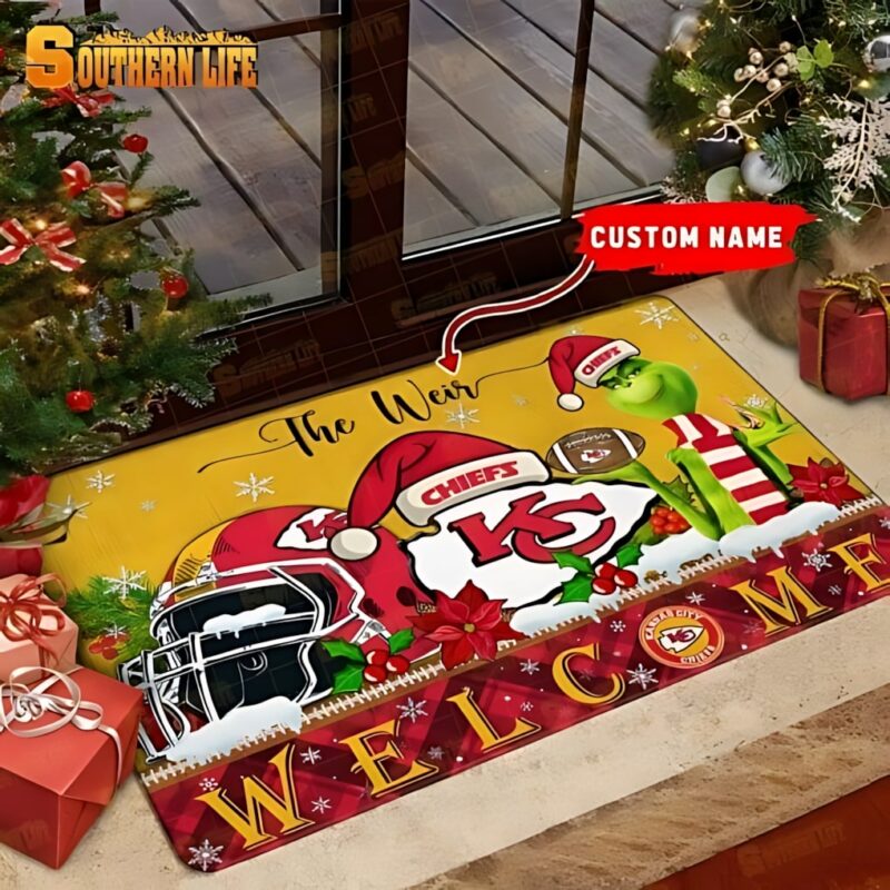 Kansas City Chiefs Grinch Christmas Welcome Personalized Doormat