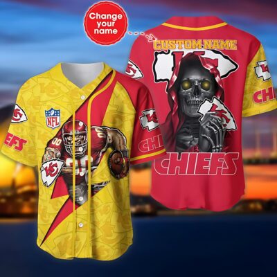 Kansas City Chiefs Personalized Yellow and Red Skeleton Baseball Jersey