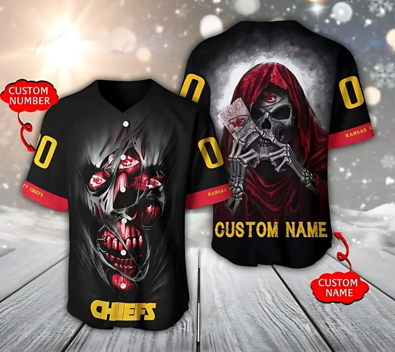 Kansas City Chiefs Skull Ace Personalized Baseball Jersey