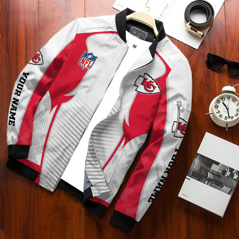 Personalized Kansas City Chiefs White Flame Bomber Jacket font