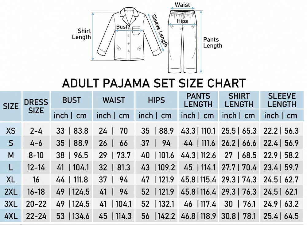 Adult Pajamas sets size chart
