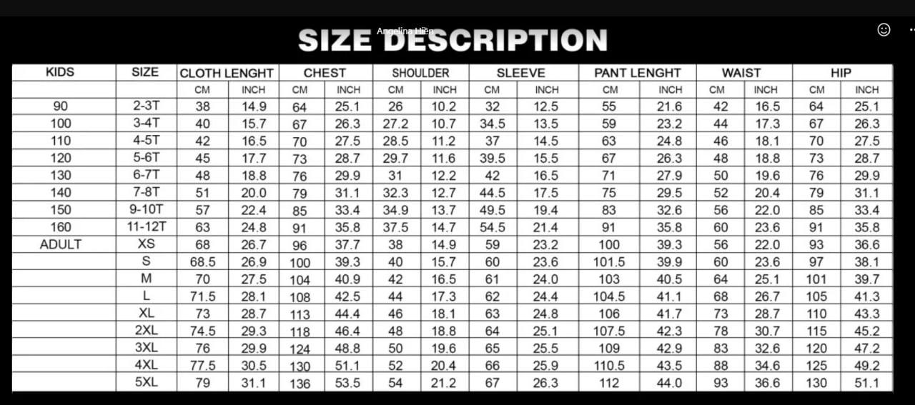 Pajamas size Chart
