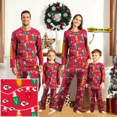 Personalized Kansas City Chiefs Festive Lights Pajamas front