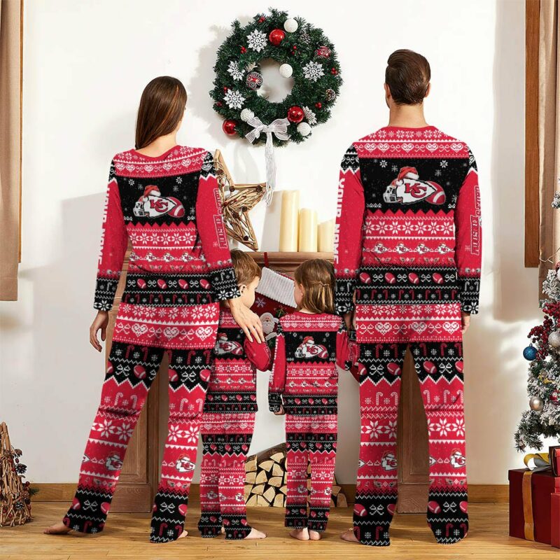 Personalized Kansas City Chiefs Festive Red Snowfall Pajamas back