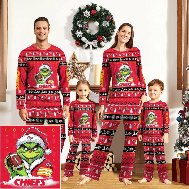 Personalized Kansas City Chiefs Grinch Cheer Pajamas front