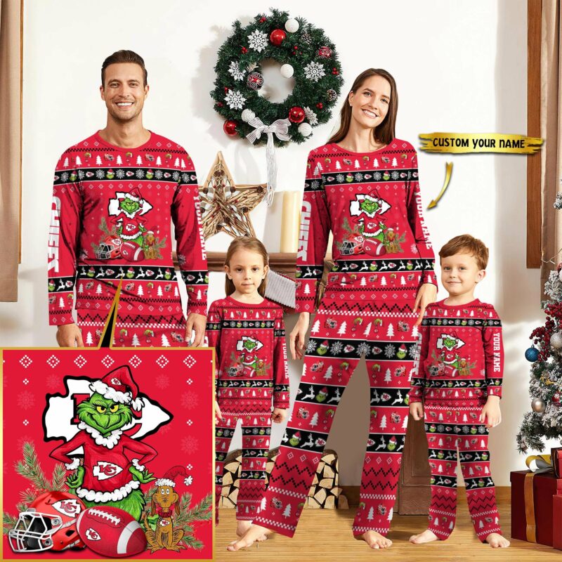 Personalized Kansas City Chiefs Grinchmas Cheer Pajamas front