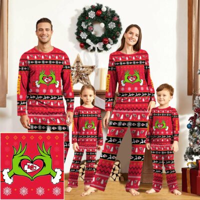 Personalized Kansas City Chiefs Heart of the Grinch Festive Pajamas front