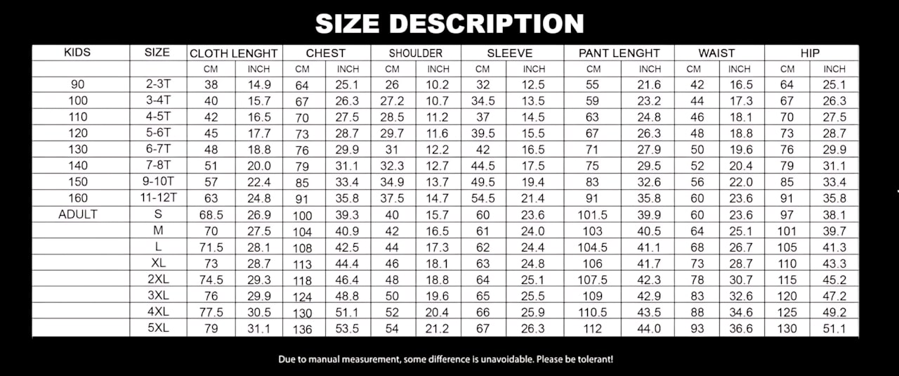 Size Guide Pajamas Sets