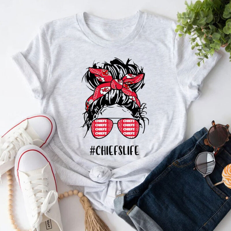 Chiefs Life Kansas City Chiefs Messy Bun Girl With Headband And Glasses for Football Lover 2D T-Shirt