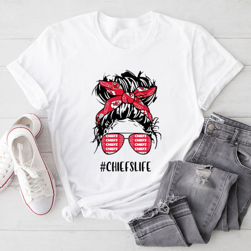 Chiefs Life Kansas City Chiefs Messy Bun Girl With Headband And Glasses for Football Lover 2D T-Shirt white