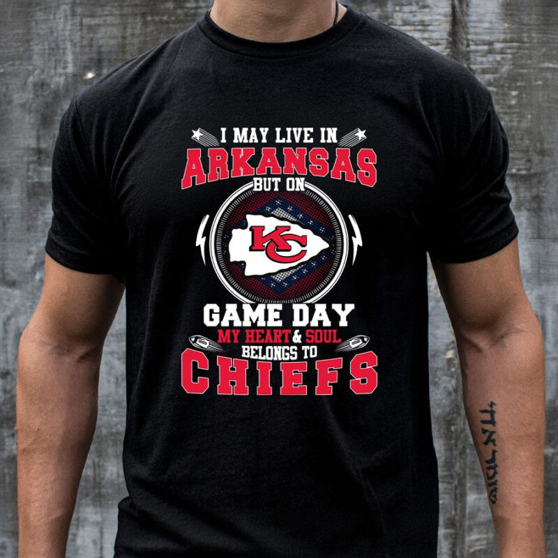 I May Live In Arkansas But On Game Day My Heart & Soul Belongs To Chiefs 2D T-Shirt mockup men