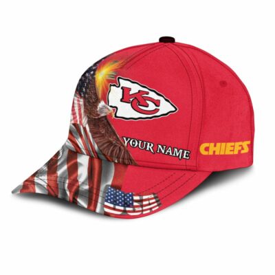 Kansas City Chiefs American Flag Custom Name Baseball Cap left side