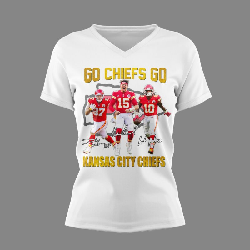 Kansas City Chiefs Go Chiefs Go Unisex 2D V Neck T-shirt White