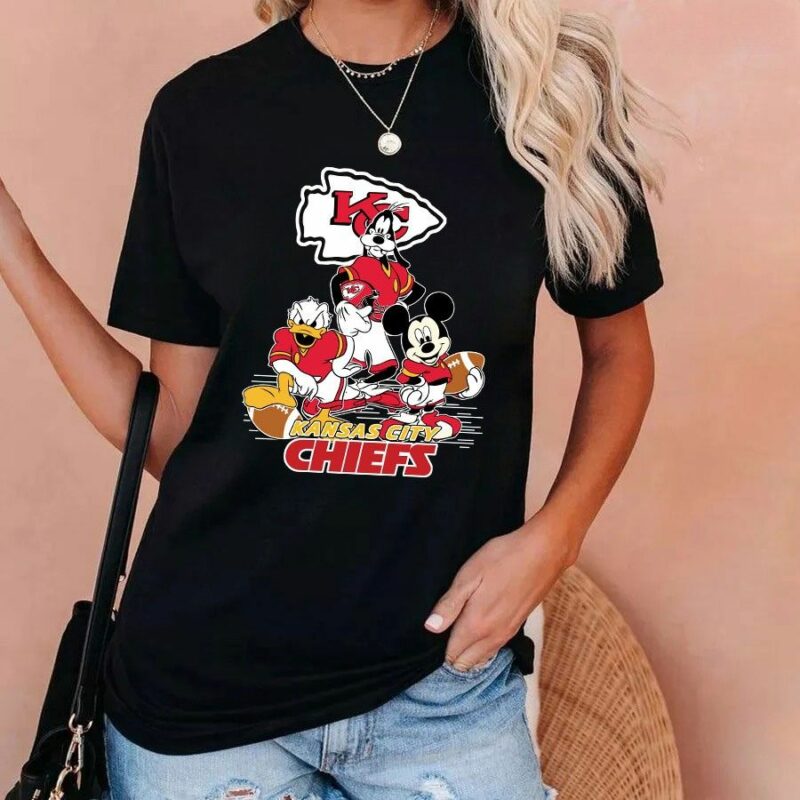 Mickey Mouse Goofy And Donald Duck Kansas City Chiefs 2D T-Shirt Black mockup woman