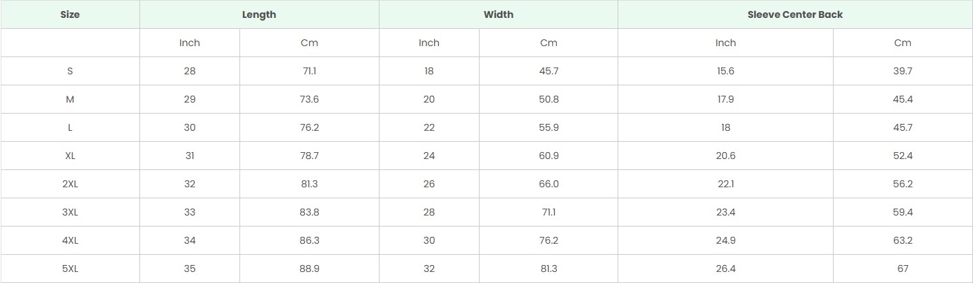 Unisex Tee Size Chart