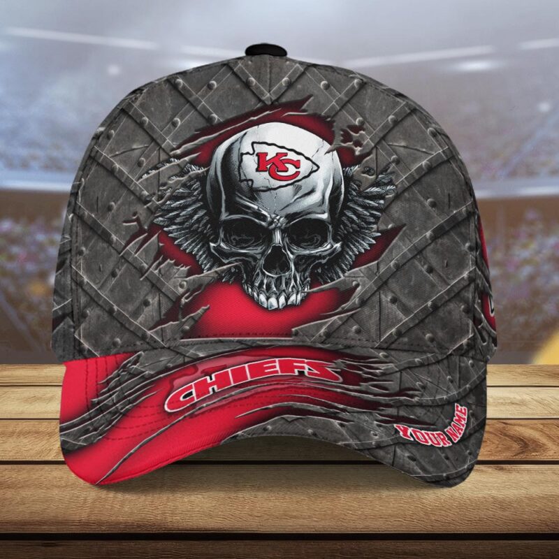 Personalized Kansas City Chiefs Skull Warrior Baseball Cap front