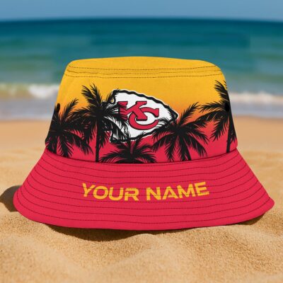 Kansas City Chiefs Tropical Sunset Custom Name Bucket Hat