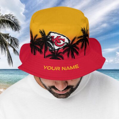 Kansas City Chiefs Tropical Sunset Custom Name Bucket Hat above