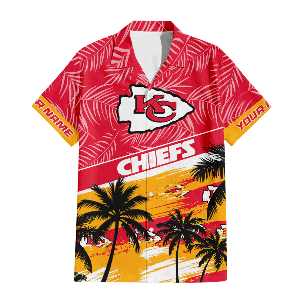 Kansas City Chiefs Sunset Tropical Red Hawaiian Shirt front Kansas City Chiefs Sunset Tropical Red Hawaiian Shirt front