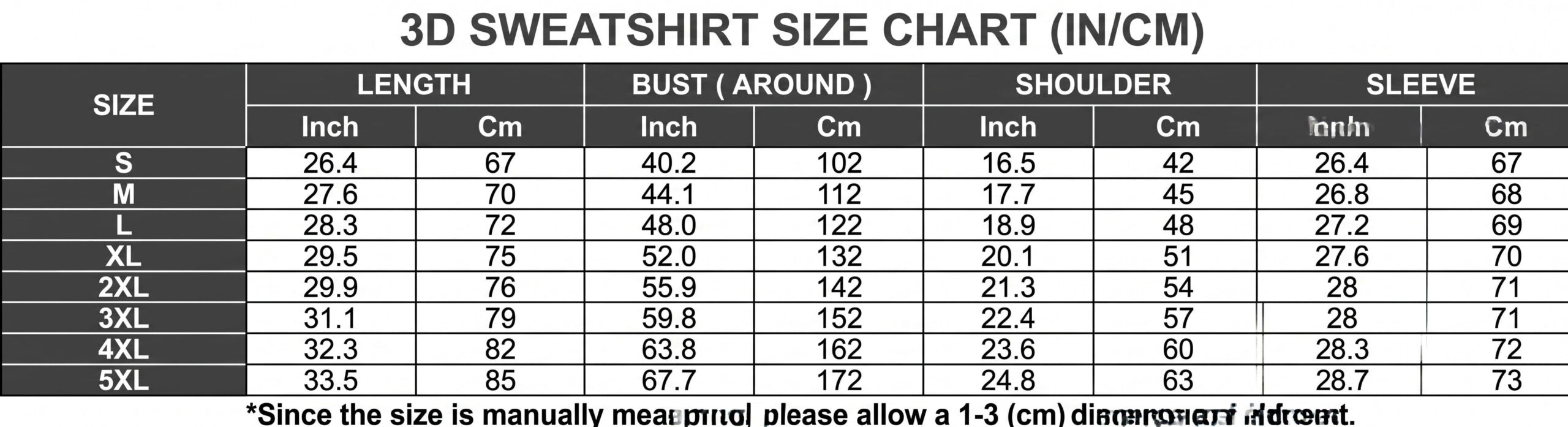 3D Sweatshirt Size Chart